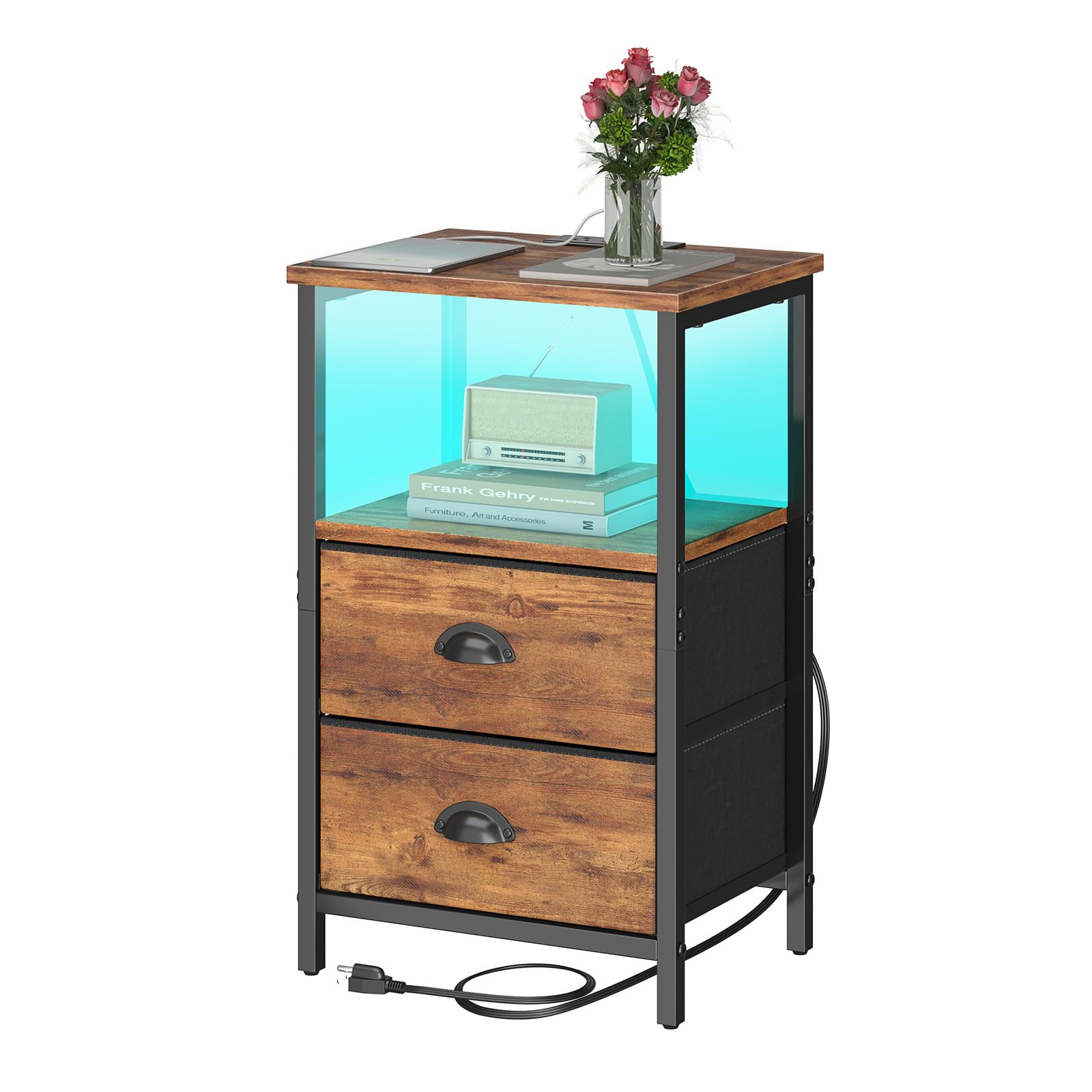 sthmec Nightstand with Charging Station, Night Stand with 2 Fabric Drawers, Bedside Table End Table with LED Light, 3-Tier Storage Side Table