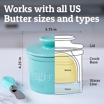 Priority Chef Butter Crock with Lid for Countertop with Spreader Knife and Water Line, Soft Spreadable Butter, Ceramic French Butter Dish with Lid, Cool Green