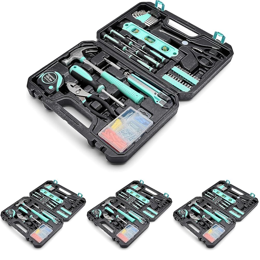 Amazon Basics 142-Piece Household Tool Kit for Home Repair, Hand Tools with Storage Case, 13.39 x 9.25 x 2.95 inch, Pink: Turquoise 13.39 x 9.25 x 2.95 inch (Pack of 4)