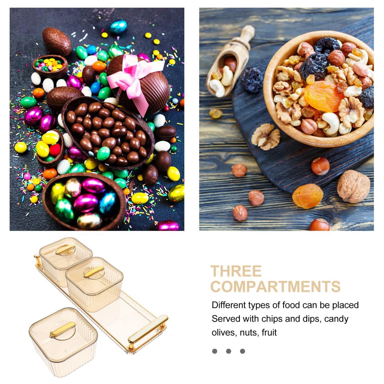 PRETYZOOM 1 Set geteilte Servierplatte mit Deckel, eleganter Snack-Organizer für Partys für Nüsse, Obst, Vorspeisen, schickes Design mit drei Fächern für Unterhaltung