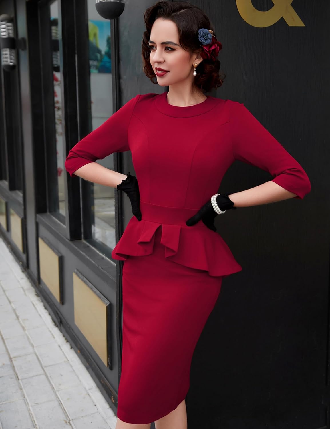 MUXXN Women's 1950s Vintage 3/4 Sleeves Ruffles Bodycon Flattering Casual Formal Pencil Dress