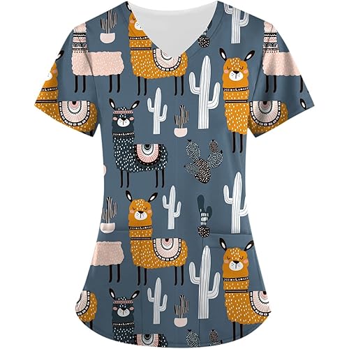 Women's Animal Printed Scrub Tops Plus Size V-Neck T Shirts Workwear Nurse Uniform Tee with Pockets
