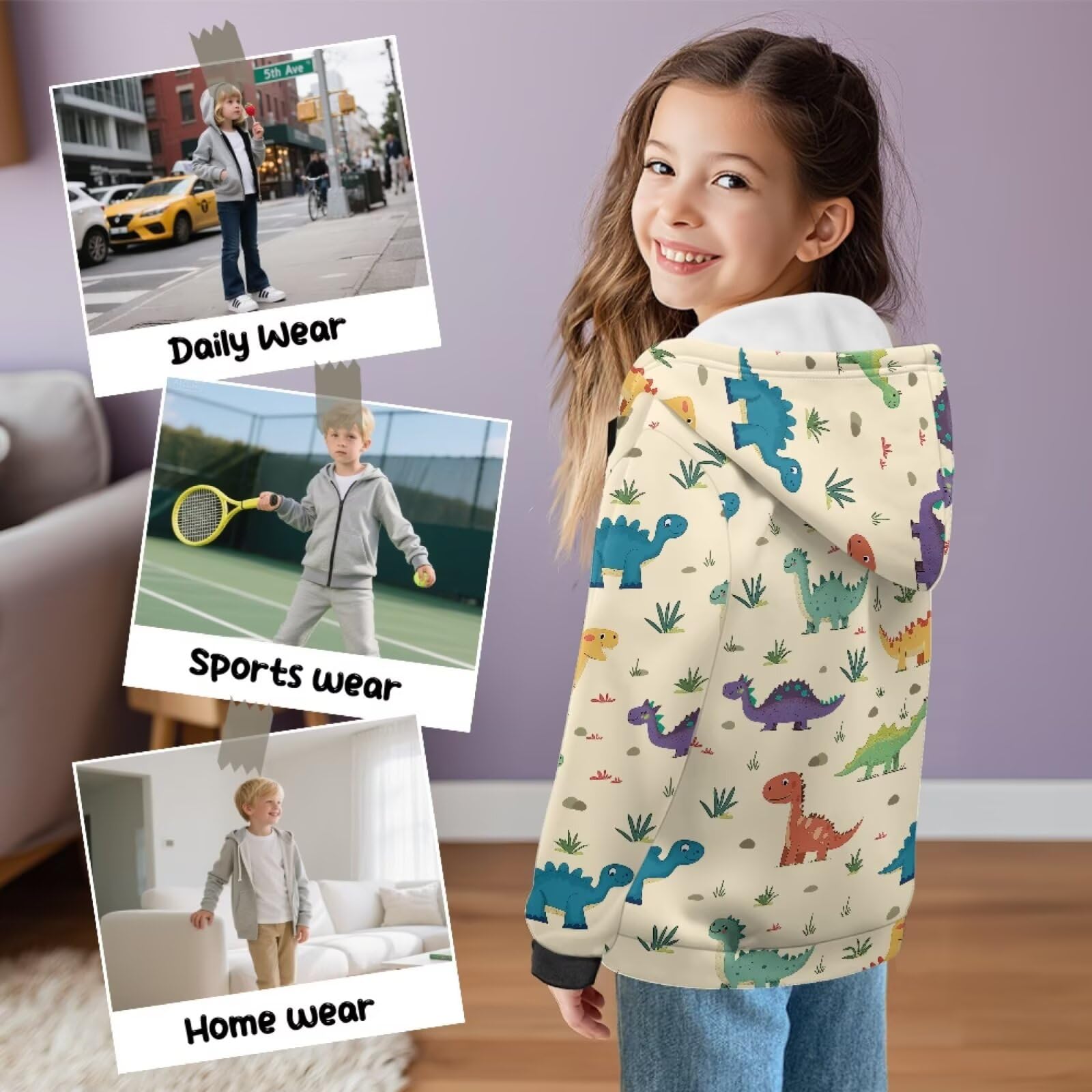 Sudadera con capucha de forro polar con cremallera frontal y bolsillos laterales para niños y niñas, para otoño e invierno