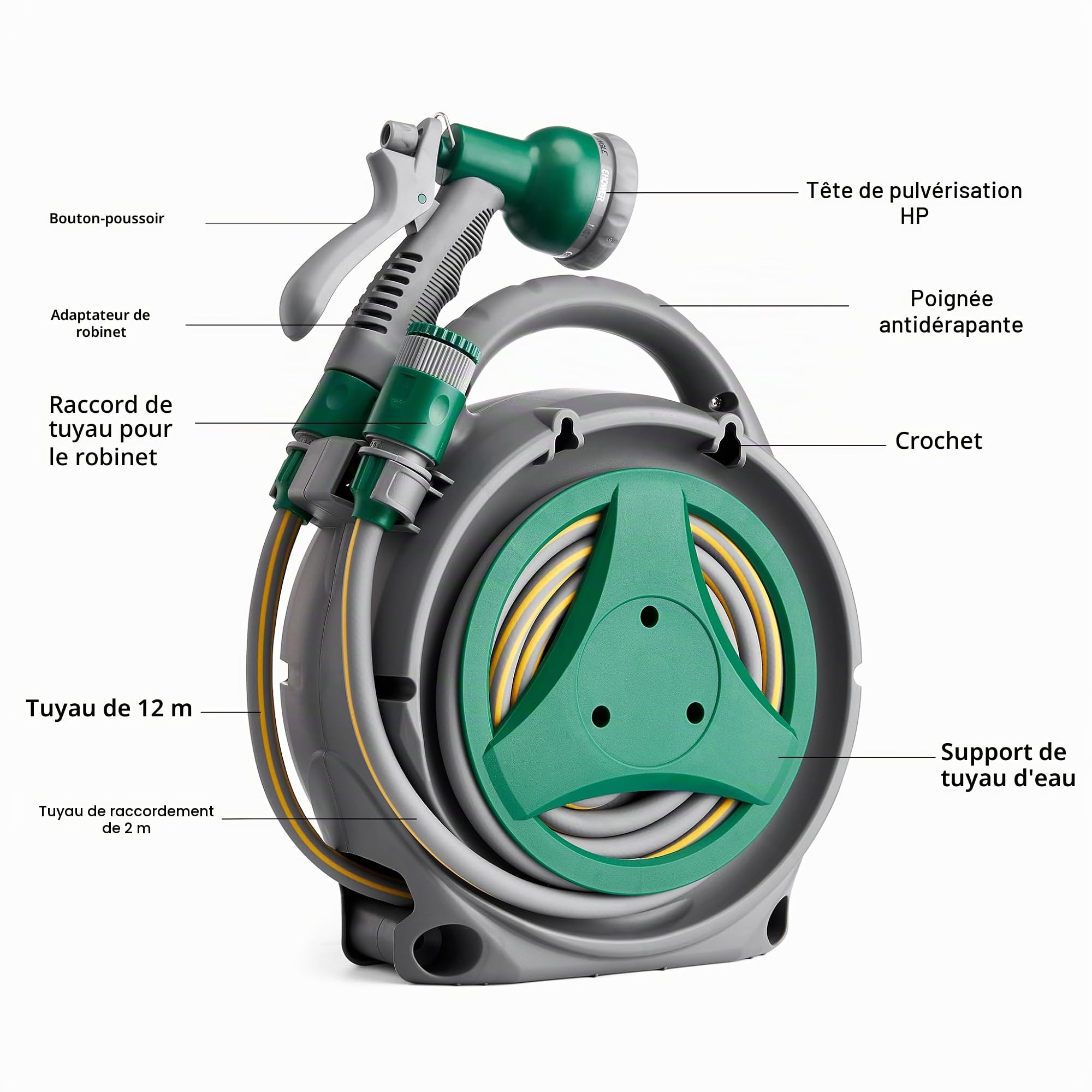 Enrouleur de tuyau d'arrosage de 14 m, compact et portable avec 8 buses de pistolet pulvérisateur réglables, enrouleur de tuyau d'arrosage manuel rétractable, ensemble de tuyau flexible d'extérieur