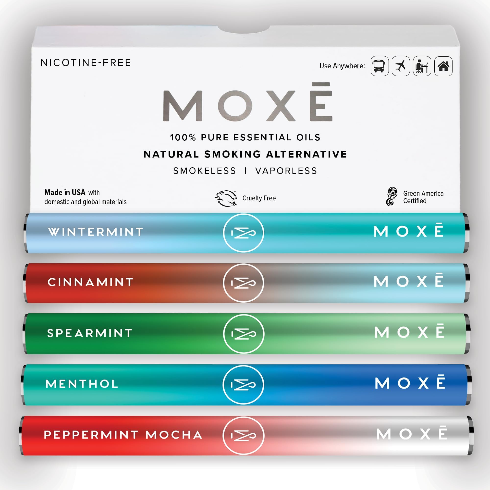 MOXE Natural Variety 5 Pack | Non-Electric Air Inhalers - Oral Fixation | Aromatherapy Scents for Relaxation & Focus | Menthol, Cinnamint, Peppermint Mocha, Wintermint