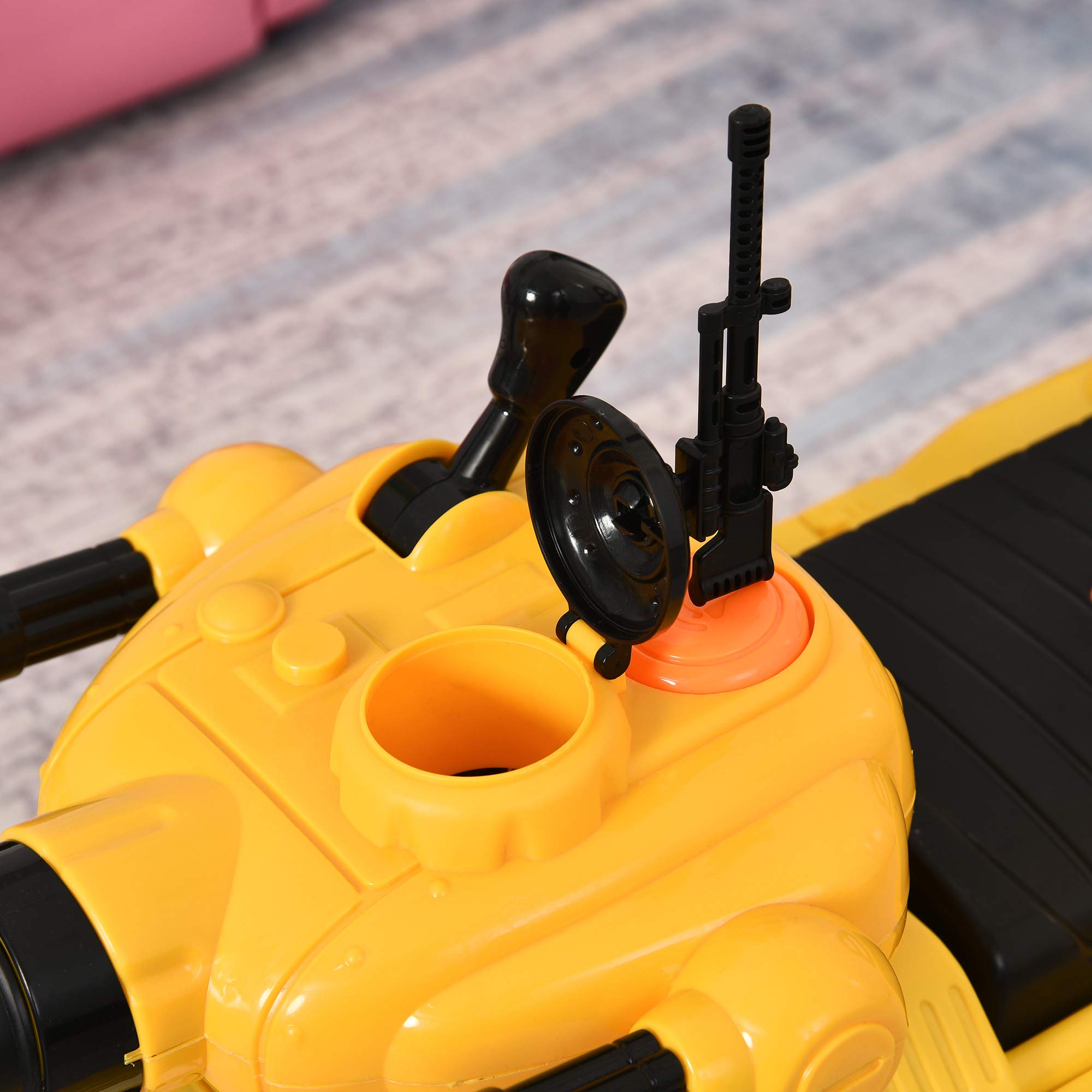HOMCOM Macchina Cavalcabile per Bambini con Cannone Spara Palline e Vano Contenitore, Carro Armato per Bambini 3+Anni, 68x24x41.5cm, Giallo
