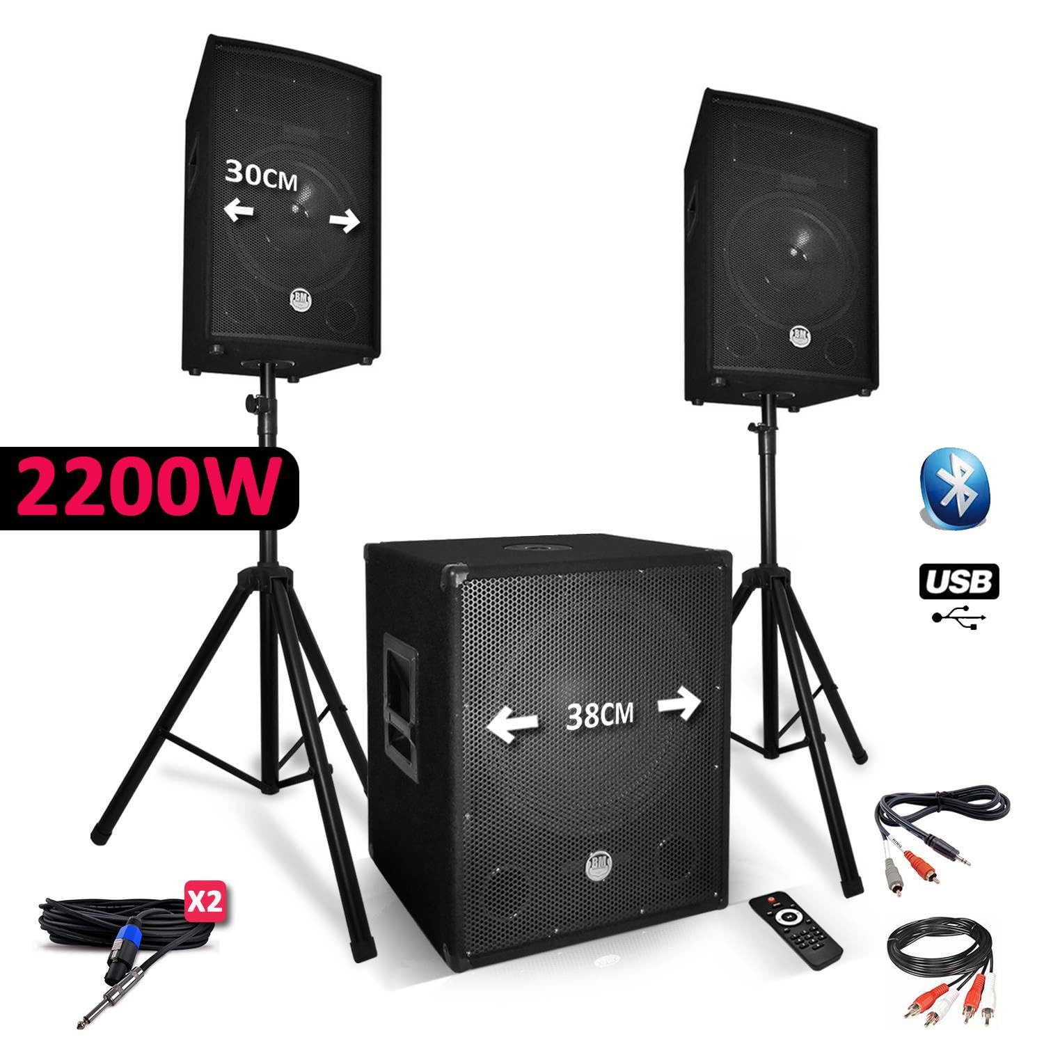 Pack sonorisation 2200W - Enceintes + Caisson + Pieds - USB/Bluetooth - BM Bmsonic BMS1512 + Table de mixage 2 micros SS Fils