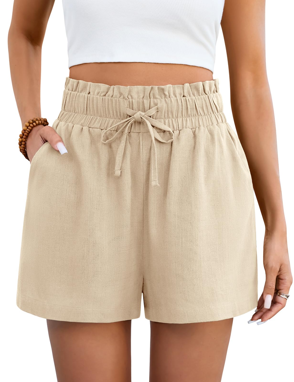 heekpek Short Lin Femme Ete Fluide Large Taille Haute Pantalon Court Femme Été Leger Short de Plage avec Poches