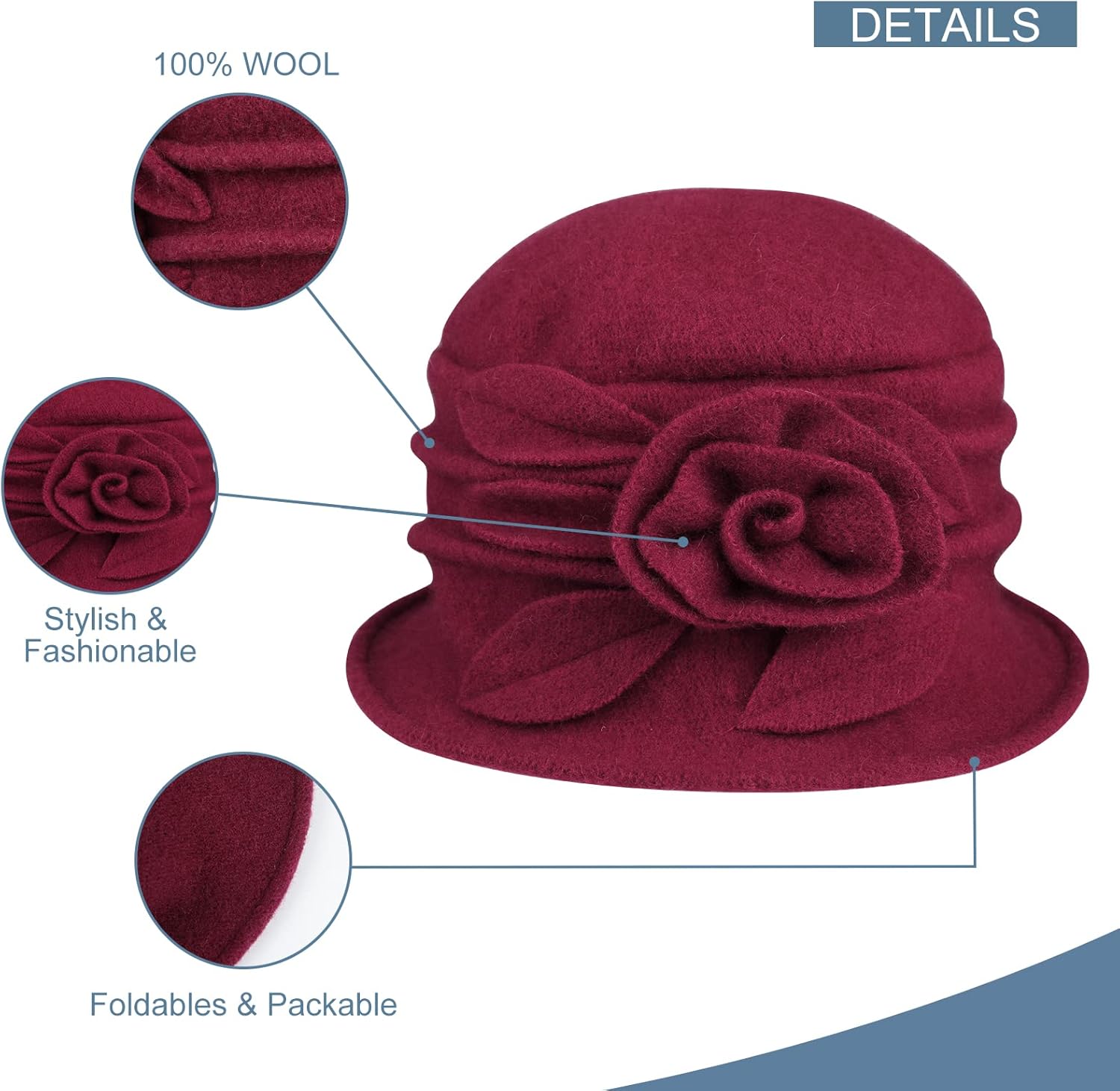 Sumolux Women Beret Hat French Vintage Floral Wool Dress Cloche Classic Winter Hat 1920s - Image 3