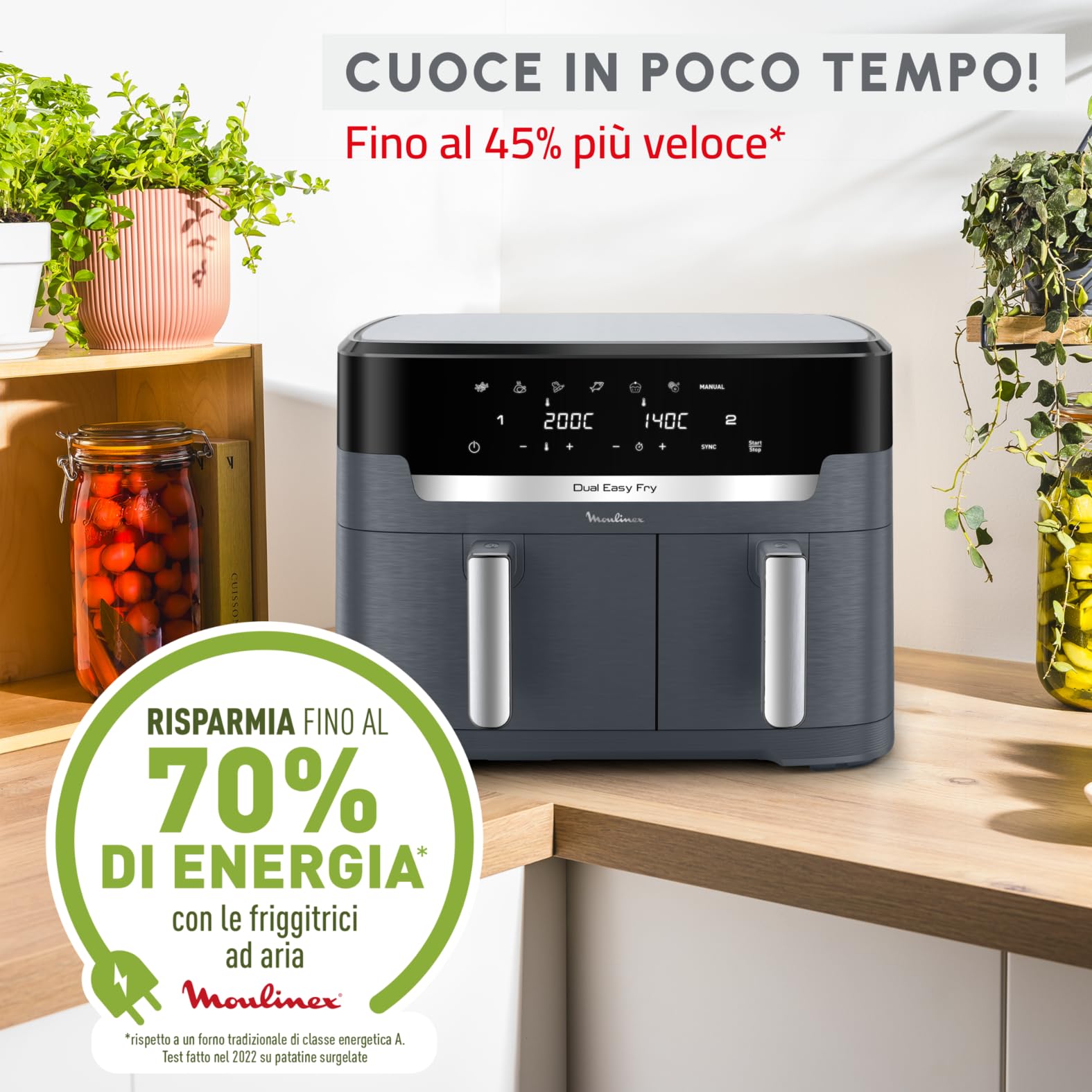 Moulinex Dual Easy Fry XXL, Friggitrice ad Aria 11 Litri, Doppio Cestello Antiaderente Lavabile in Lavastoviglie, Basso Consumo Energetico, 7 Modalità, App Ricette, Colore Java Pepper, EZ9428