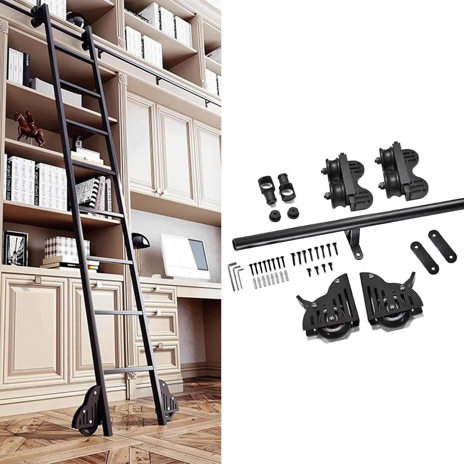 Retractable Rolling Library Ladder Hardware Kit, Round Tube Mobile Ladder Track Rail with Floor Roller Brakes, Metal Sliding Ladder Track for Home & Office (16ft/500cm Track kit)