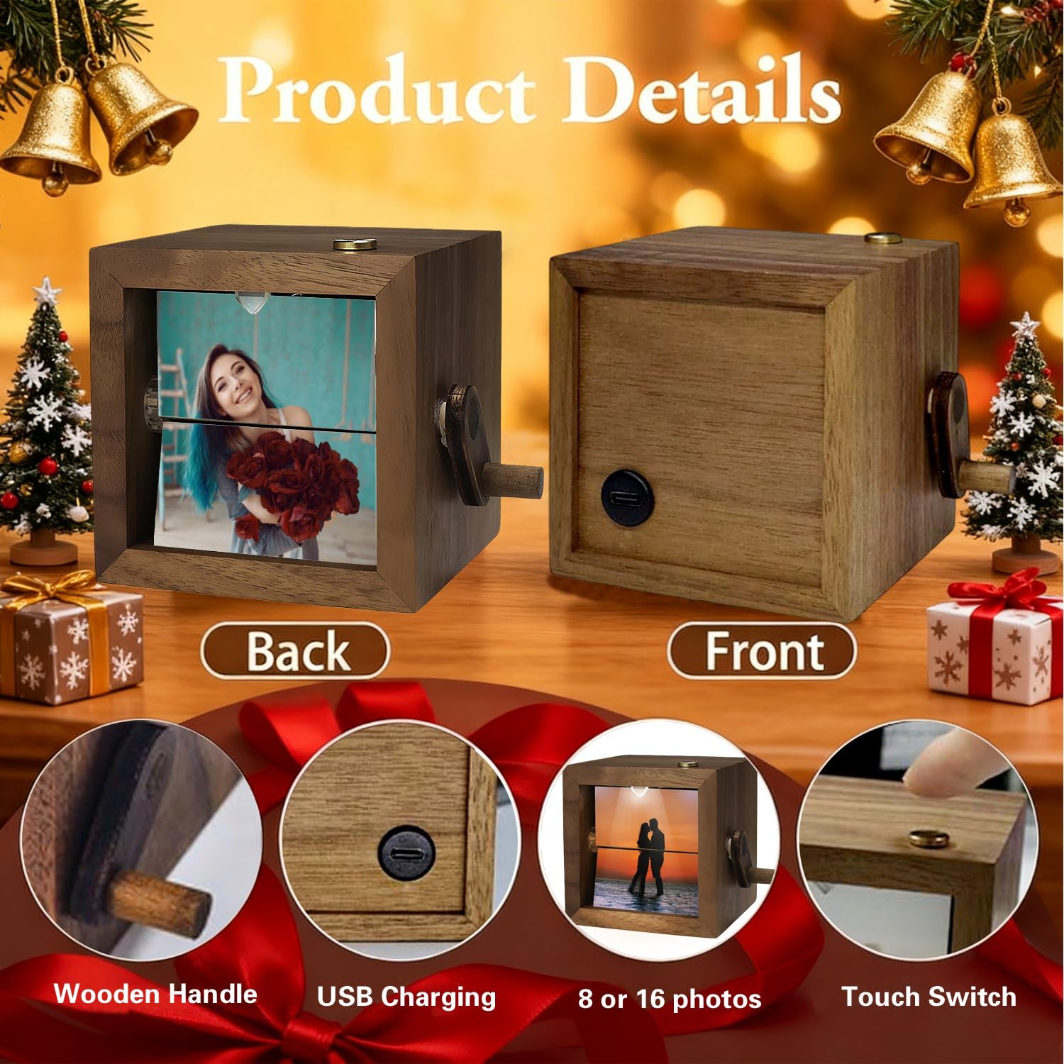 Caja de movimiento artística personalizada con LED, caja de fotos con movimiento de manivela personalizada, edición romántica, caja de recuerdos de aniversario romántica personalizada (con LED, 16