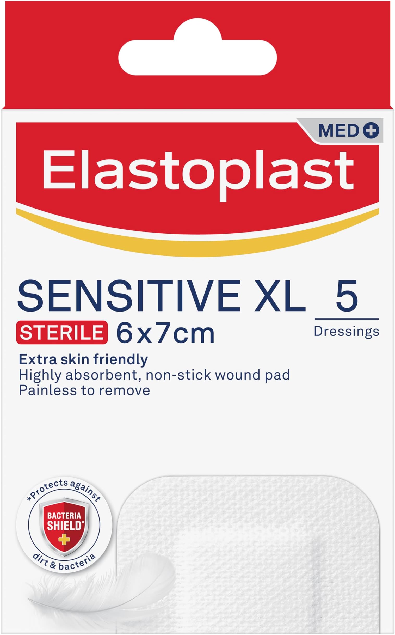 Elastoplast Sensitive XL Med+ Dressings (5 Patches), Pack of First Aid Plasters, Large Plasters for Post-Operative Wounds, Skin-Friendly Sterile Dressings for Wounds, 0% Latex, White