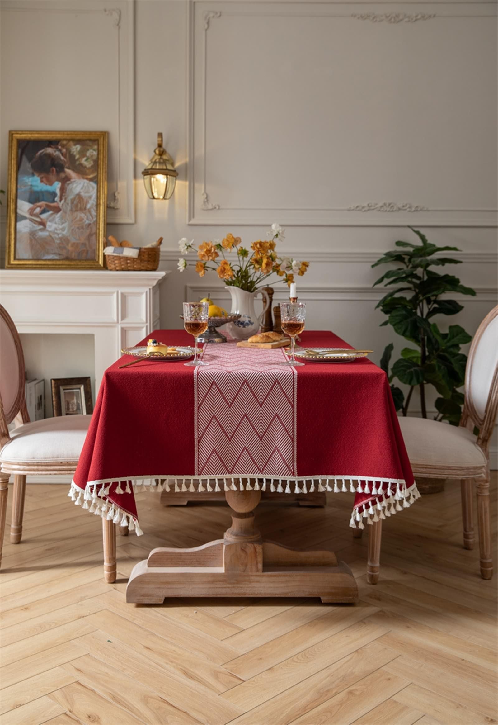 Mantel Mesa Rectangular Antimanchas, 140 x 260 cm, Rojo, Mantel de Algodón Poliéster Impresión de Onda Borlas