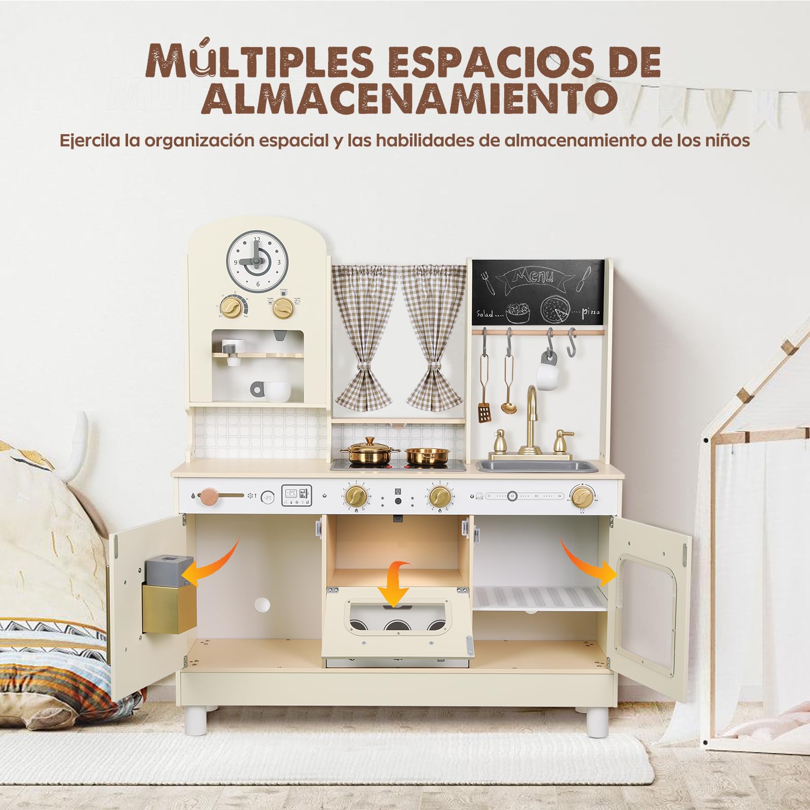 EDUBEBO Juego de Cocina para niños, Cocina de Madera Ajustable, Viene con Varios Accesorios de Cocina, Regalo Ideal para niños de 3 a 8 años (Blanco)