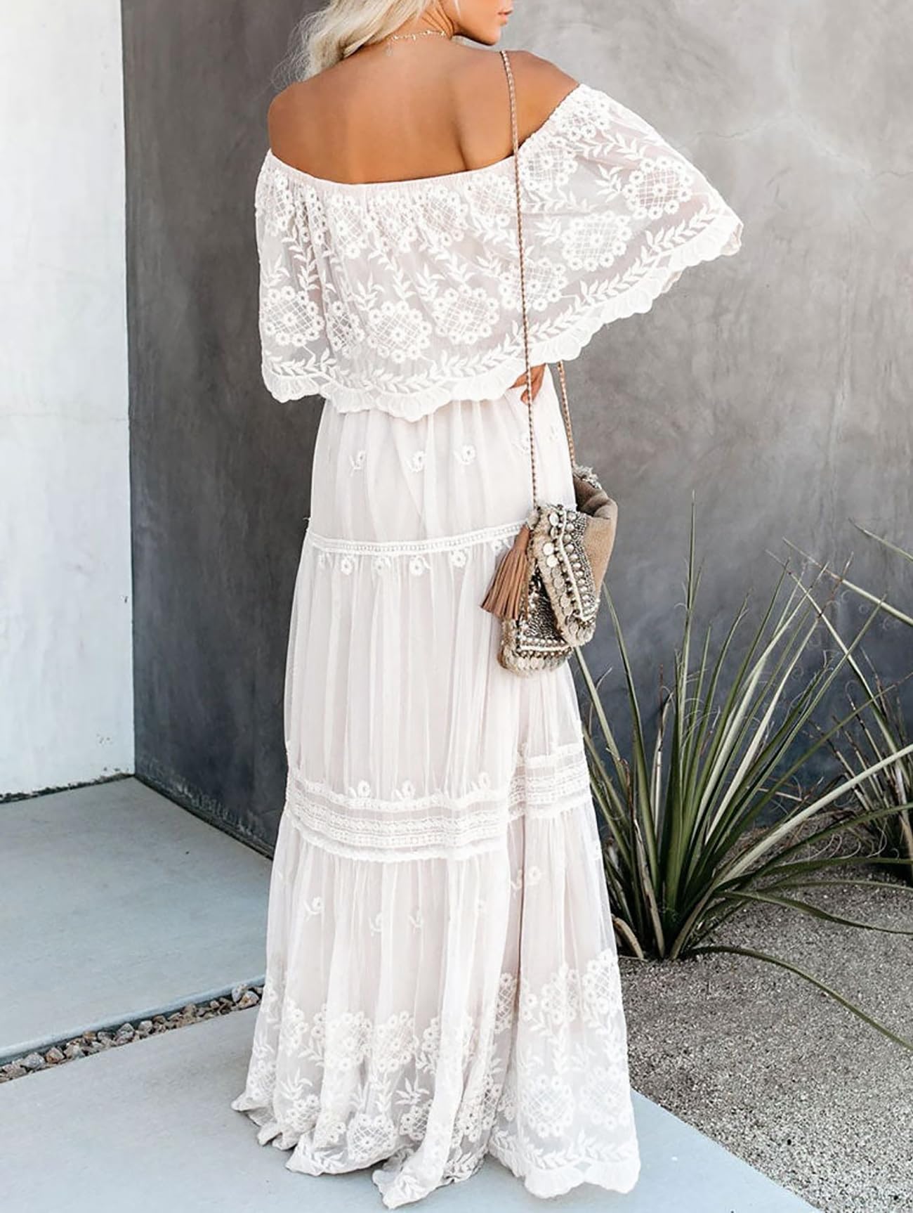 Vestido de novia de encaje con hombros descubiertos para mujer, estilo bohemio, dama de honor, fiesta, maternidad, sesión de fotos, maxi vestidos