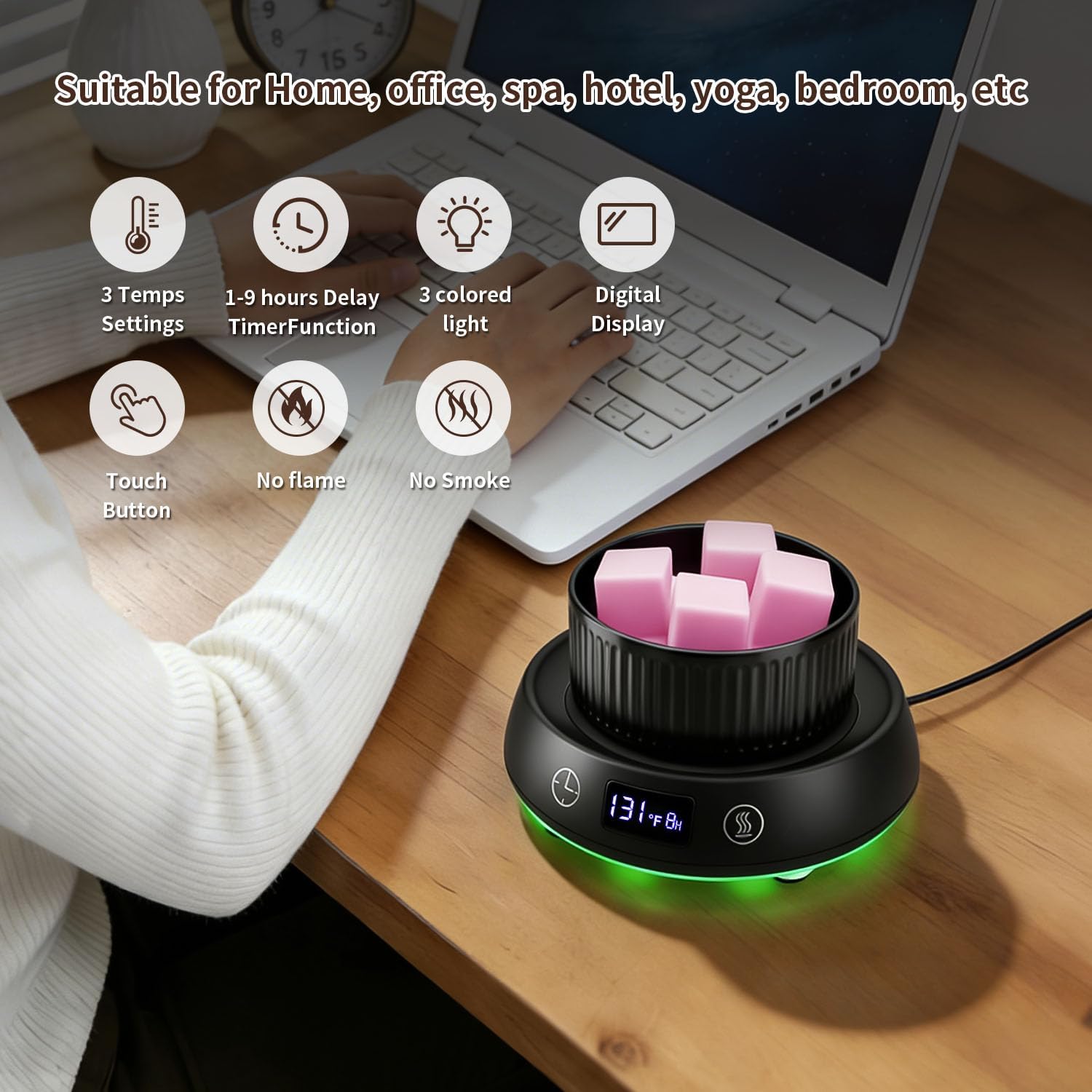 4-in-1 Wax Melt Warmer, Candle Warmer with Delay Start Timer, Fragrance Scented Wax Melter Wax Cube Warmer with 3 Color Light for Home Bedroom Spa Office, 8H Auto Shut Off (Black)