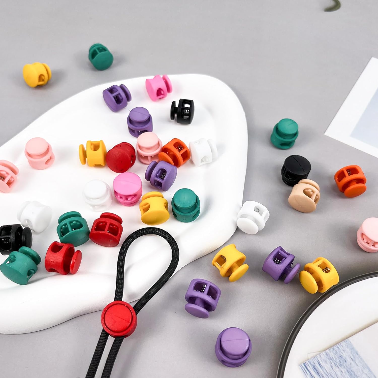 100 Pcs Assorted Color Plastic Double Hole Spring Cord Lock End Stopper Fastener Slider Toggles Clip for Parachute Buckle - Image 7