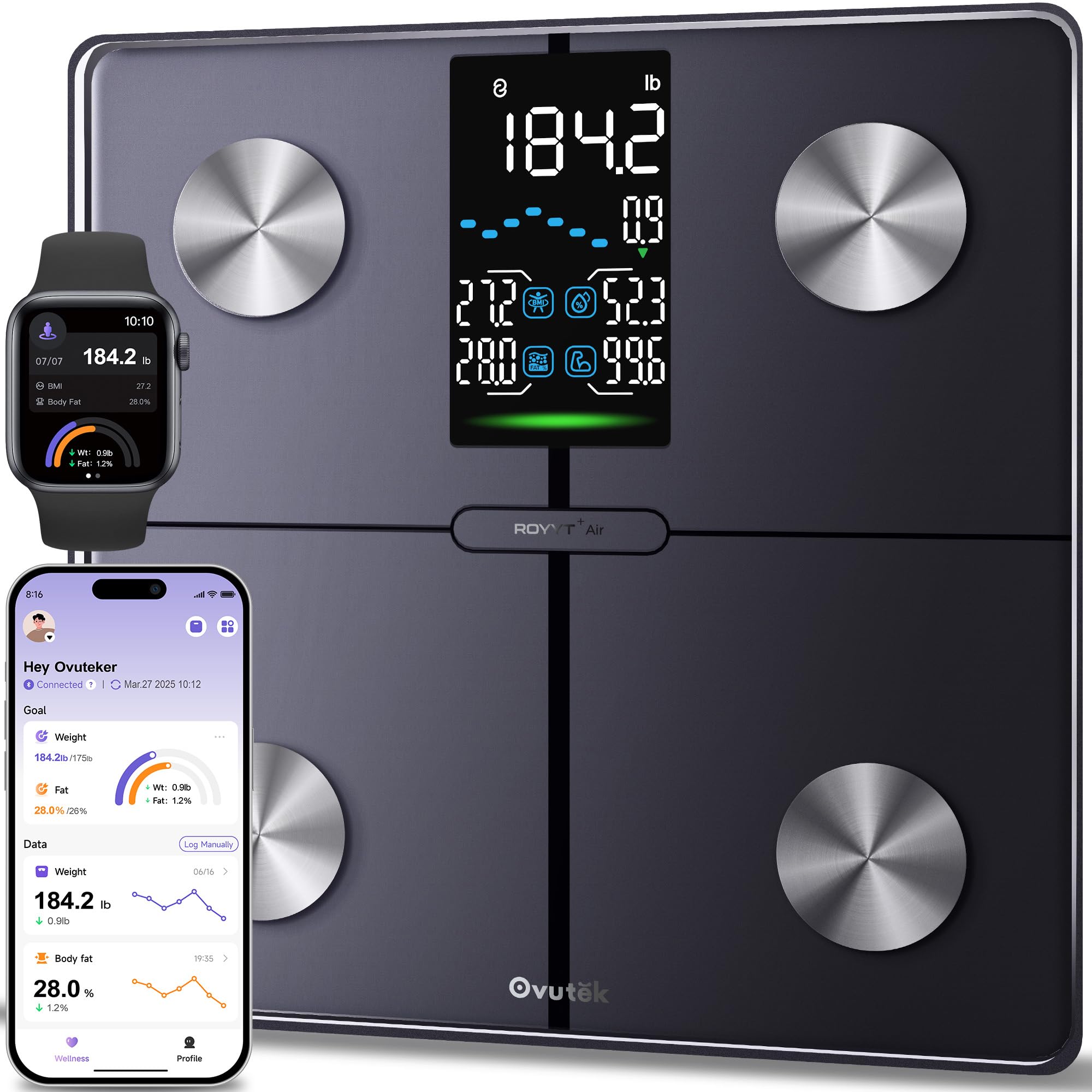 Ovutek Smart Scale for Body Weight, Professional Bathroom Digital Scale with BMI, Body Fat, Muscle Mass, Most Accurate to 0.05lb, Large Display High Accurate Body Composition Machine with Fitness App