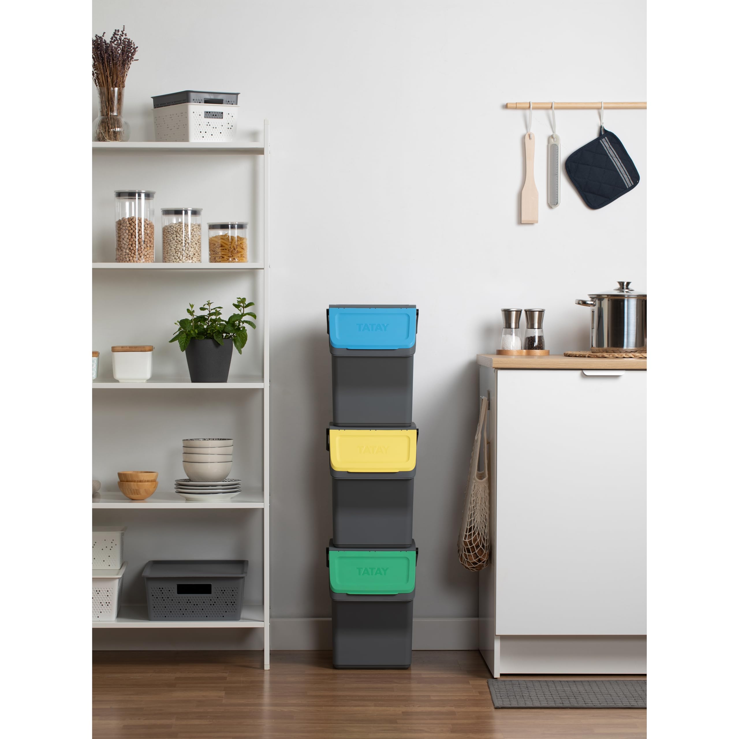 TATAY Mülltrennsystem Easy Waste 3-teiliges Set 3er Set Recycling Behälter | Mülltrennsystem Haushalt | Volumen 20 L | 35x27x36 cm | Modulares Design | Deckel mit Klicksystem | Recyceltem Material, Grau