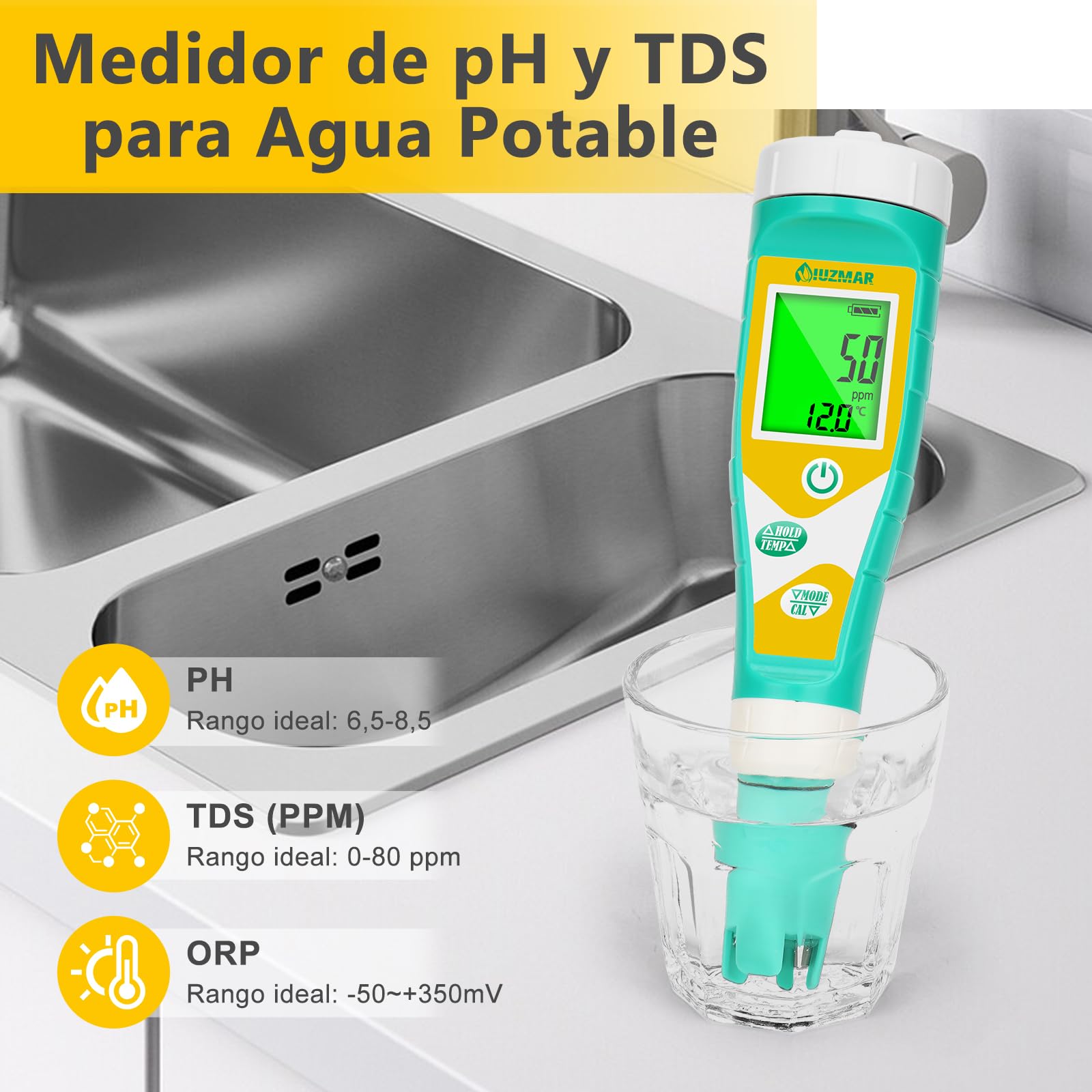 UIUZMAR Medidor de pH y ORP Redox Salinidad Piscina, 6 en 1 Tester pH Sal Redox EC TDS para Piscina de Agua Salada, Medidor pH EC TDS para Hidropónica, Acuario, Agua Potable