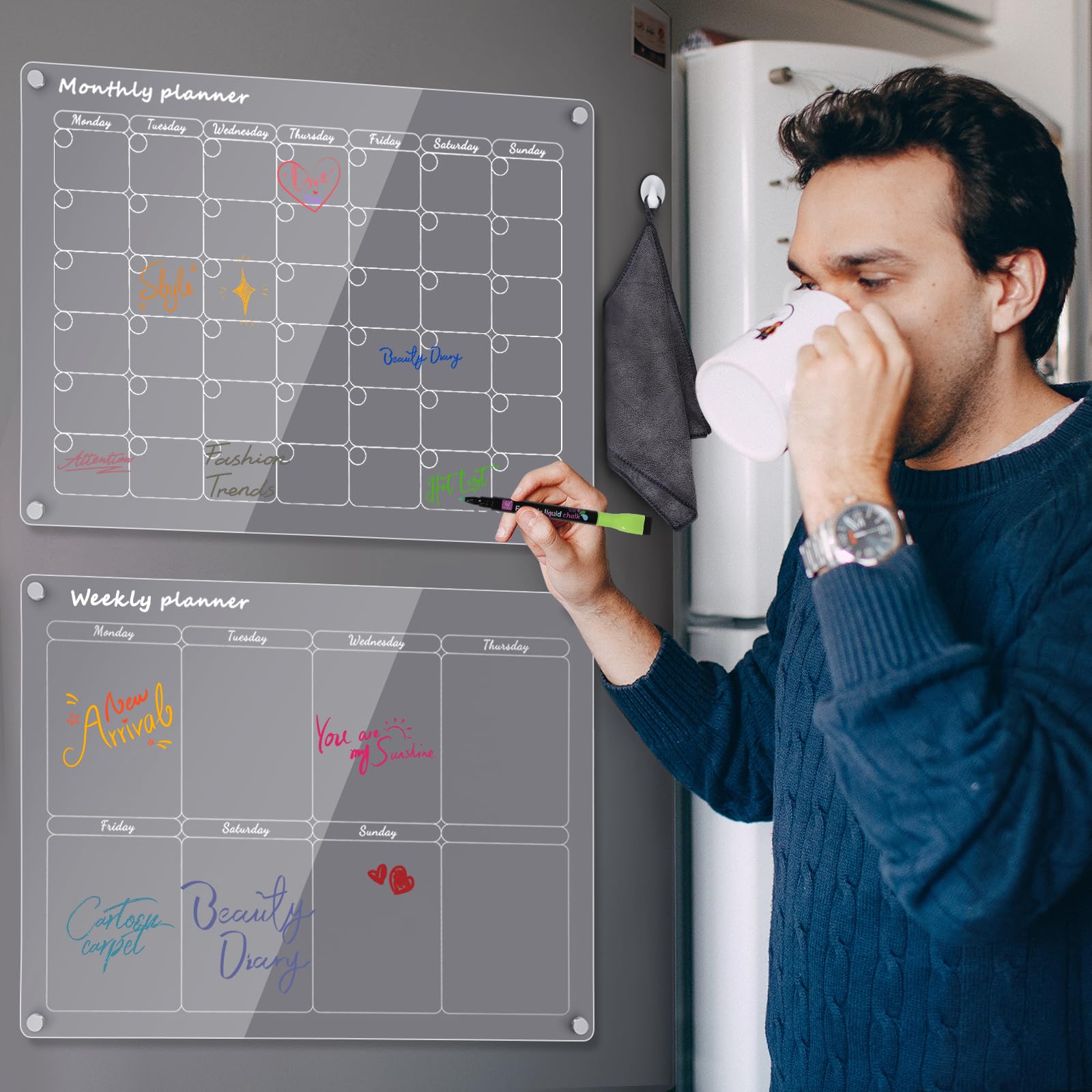 Calendario Magnetico Nevera Transparente,1 lote de 2 Borrable Pizarras Magnetica Nevera para Organizar, planificar menús y hacer la lista de la compra