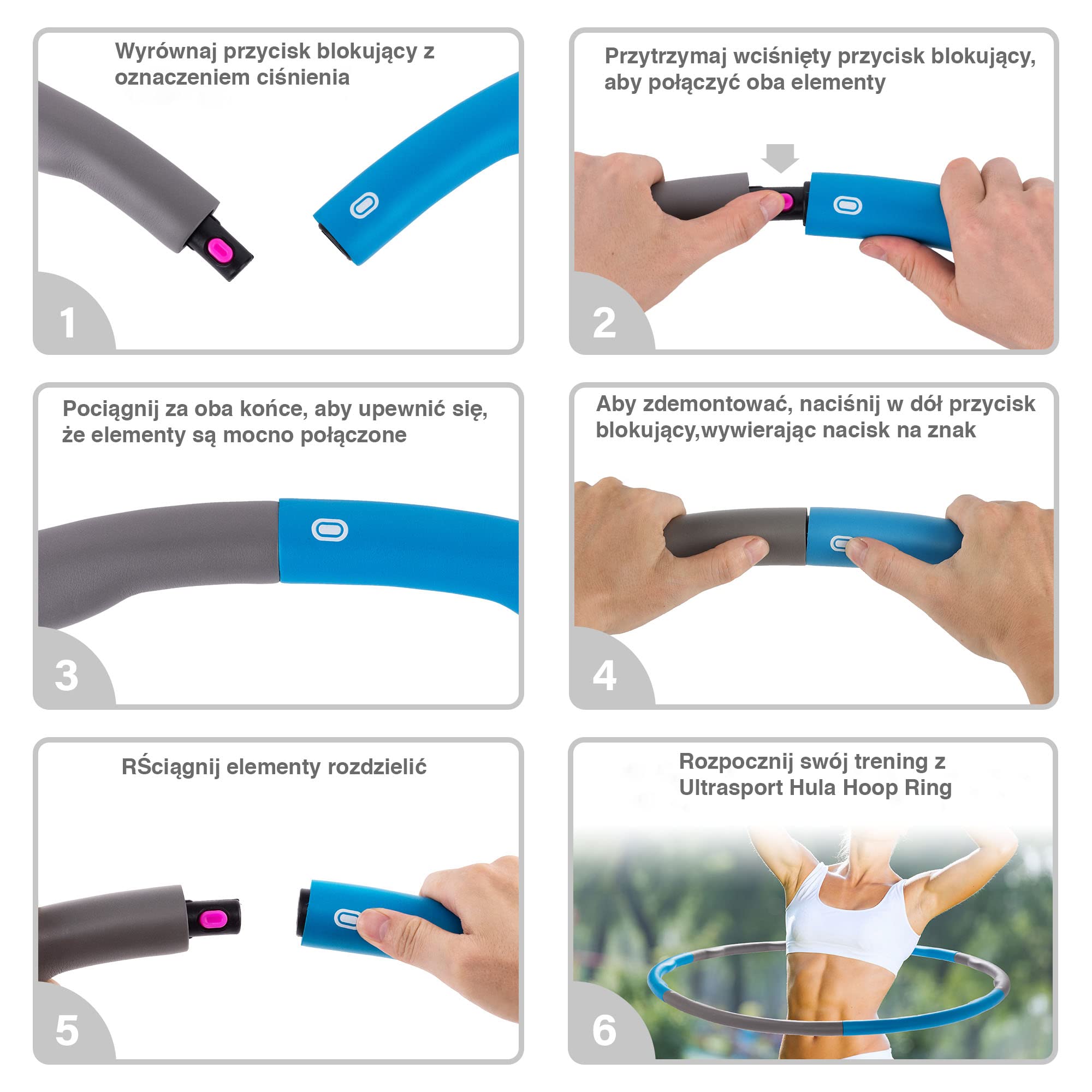 Ultrasport Hula Hoop, dla wzmocnienia mięśni pleców i brzucha, 6 zazębiających się części, miękka Pianka, mniejsza ilość wyprysków, dla początkujących i zaawansowanych użytkowników