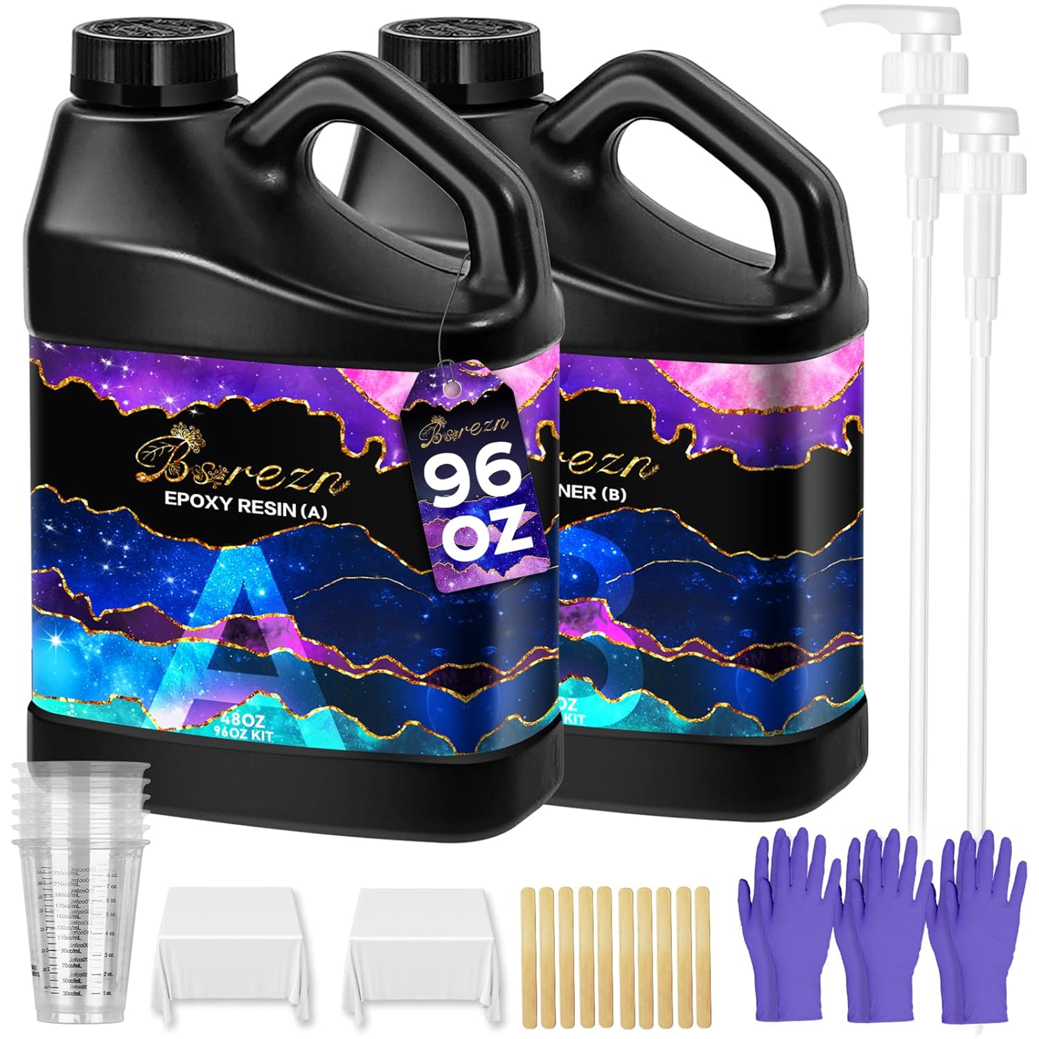 Bsrezn Epoxy Resin Kit - 96 oz with Pumps, 1:1 Mix Ratio, Crystal Clear, Bubble-Free, High Gloss Finish for Coating, Casting, Art, Jewelry, and DIY Projects (48 oz x 2)