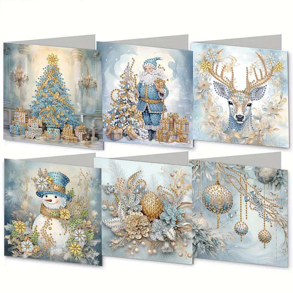 6PCS DIY Diamond Art Christmas Greeting Cards Kit, Snowman Deer Santa Claus Diamond Art Christmas Cards Making, Xmas Crafts with Envelopes for Adults Kids Gifts