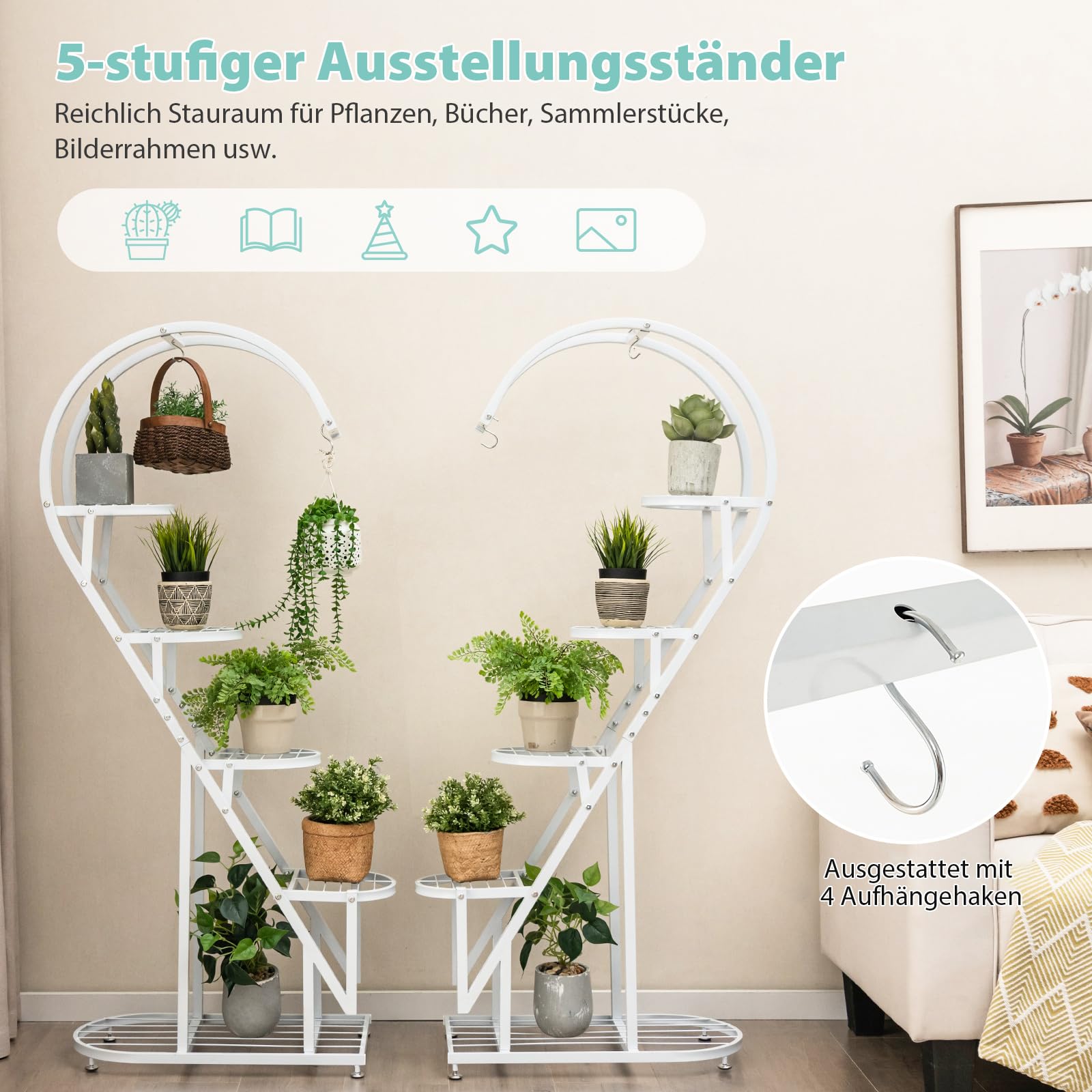 COSTWAY 5-stufiger Metall Pflanzenständer Herzförmig, Blumenregal mit Haken, Leiter Pflanzenregal Kippschutz, Pflanzenleiter Blumenständer, für Garten Balkon Wohnzimmer (Weiß)