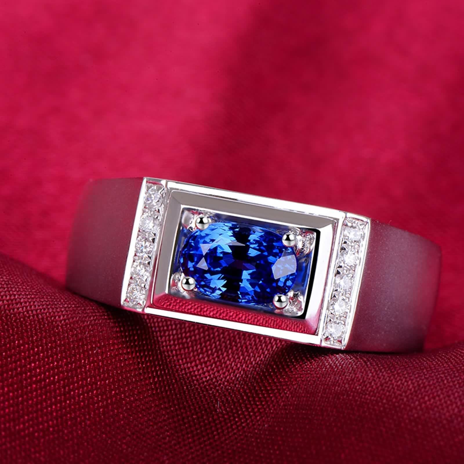 Sortija Piedras Azul, Alianzas Boda Oro Blanco 18K Forma Oval 0.1Ct Diamante Blanco Talla 25 para Esposo con Joyero