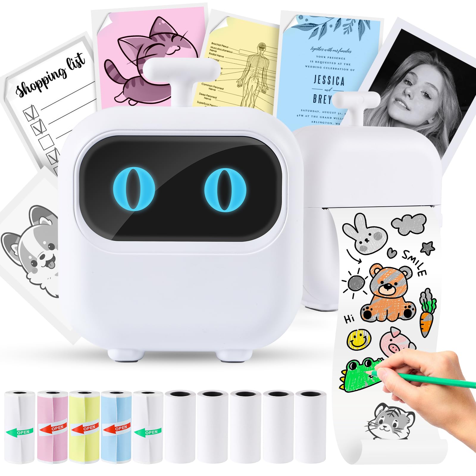 A smartphone displaying the Tiny Print app connected to the X2 Mini Printer, ready for printing various content like images and notes.