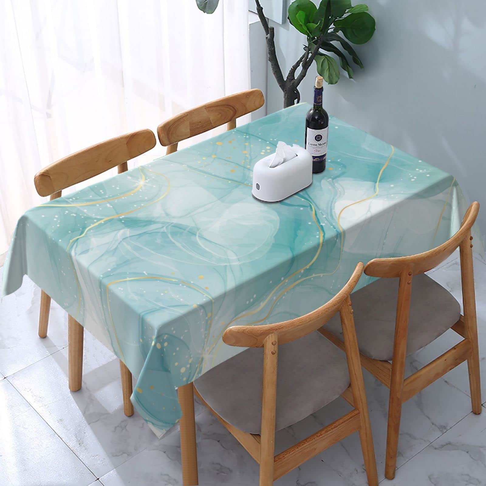 KNTEYQ Pastel Cyan Table Cloth Marble Watercolor Rectangle Tablecloth 54x72 Inch Rustic with Wrinkle Resistant for Party, Picnic, Tabletop, Decorative Patio