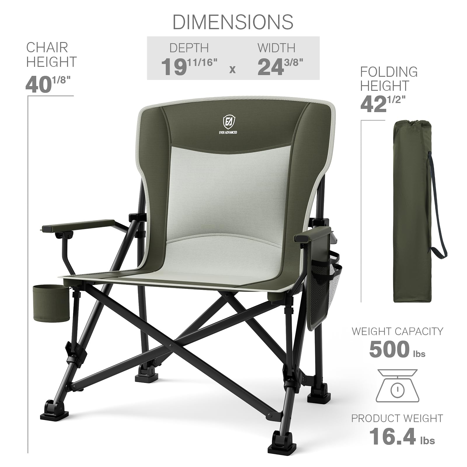 EVER ADVANCED Sedia da campeggio pieghevole, 230 kg, portata XL, 62 cm, larghezza della seduta con tasca laterale, supporto per bevande, sedia pieghevole per campeggio, esterni, balcone, giardino