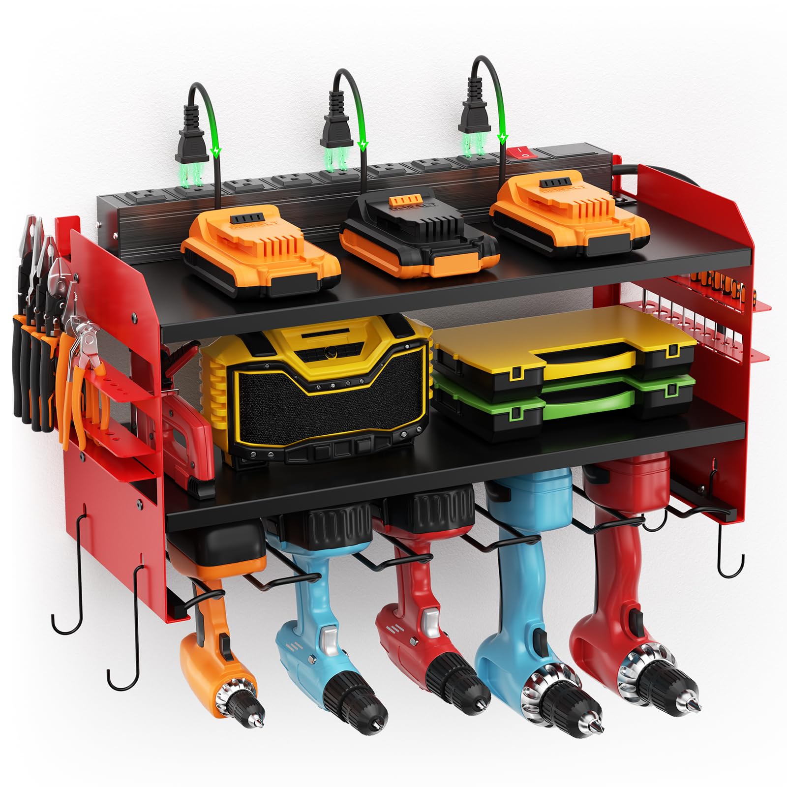 Photo 1 of Power Tool Organizer Wall Mount with Charging Station,Garage 5 Drill Storage Shelf with Hooks, Drill Bit Heavy Duty Rack, Tool Battery Holder Built in 8 Outlet Power Strip