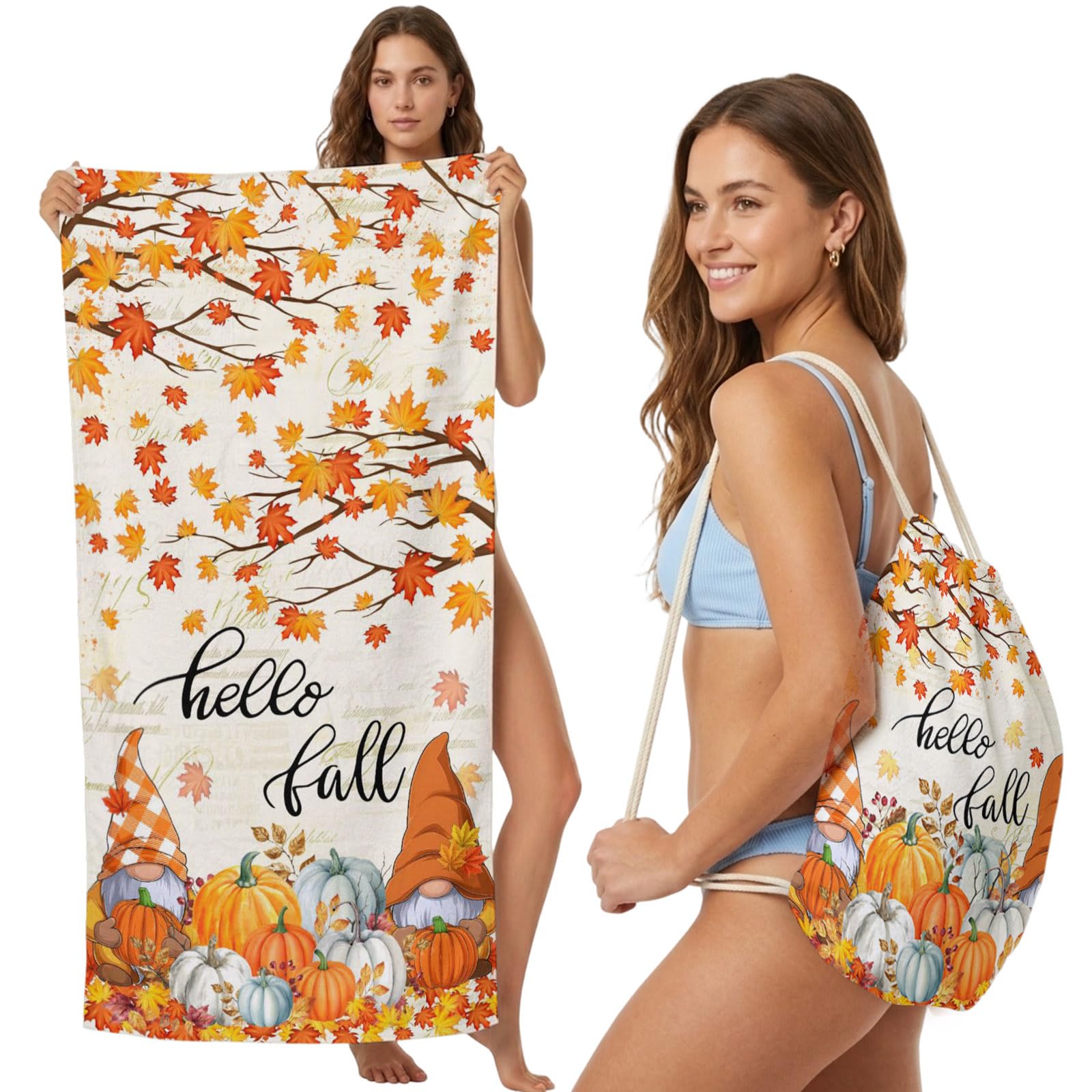 2-in-1 Beach Towel Backpack,Hello Fall Words Thanksgiving Gnomes Bath Towel with Built-in Storage Maple Leaf Pumpkins Convertible Foldable Beach Blanket for Travel Pool Gym Camping Swim,31x63in