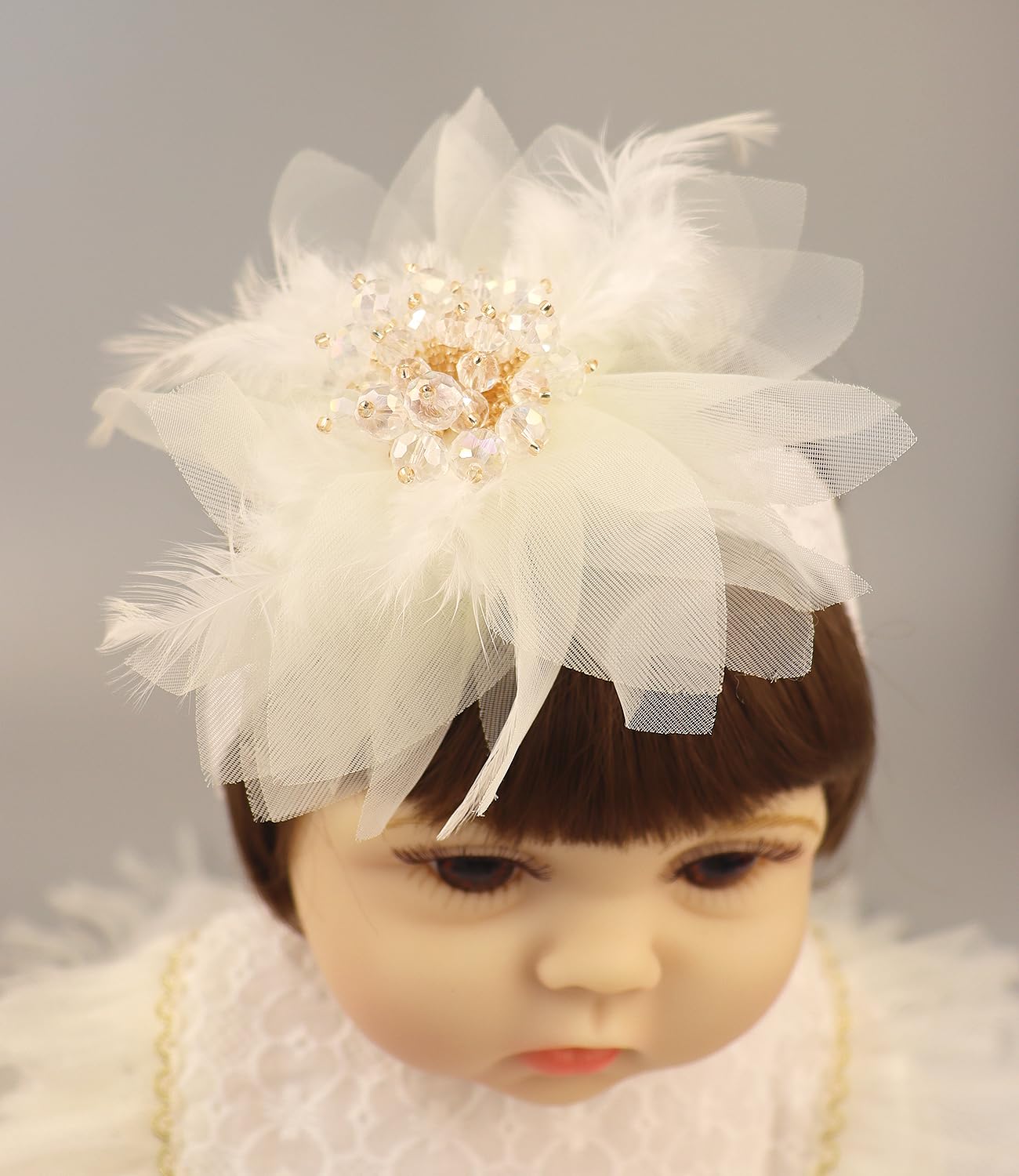 Bethynas Baby Mädchen Spitze Feder Stirnband Perlen Gaze Blume Elastisch Kleinkind Haarband Geburtstag Party Prinzessin Haarschmuck für Neugeborene Säugling (Weiß)