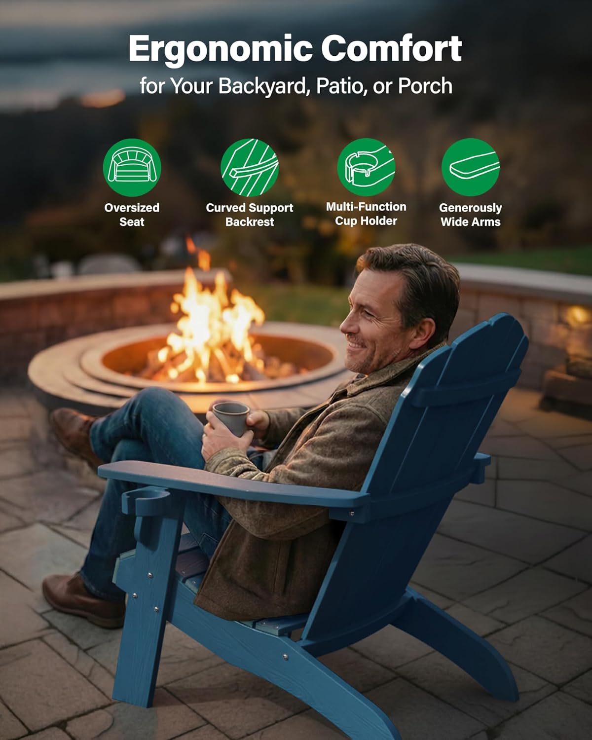 YEFU Oversized Adirondack Chair with Cup-Holder,Plastic Outdoor Fire Pit Chair, Weather Resistant, Poly Lumber Chair, Used in Patio, Lawn, Deck,Heavty Duty,Weight Capacity 450lbs-Navy Blue