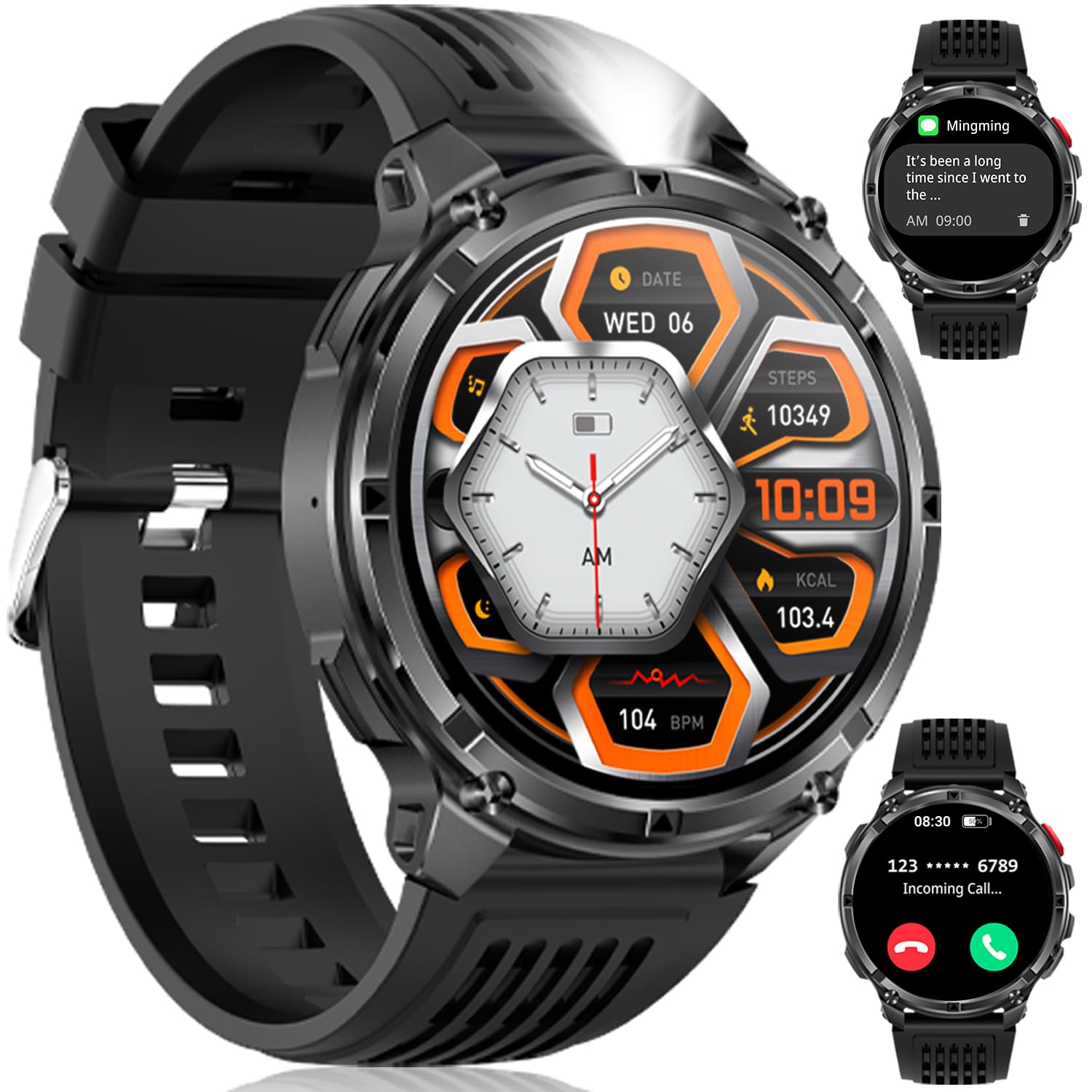 Reloj Inteligente Hombre, 1100mAh Smartwatch Hombre Militar con Llamadas, Linterna LED y Brújula, 1.7" AMOLED, IP68 Impermeable Monitorización del Sueño y SpO2, 100+ Deportes Modos para Android iOS