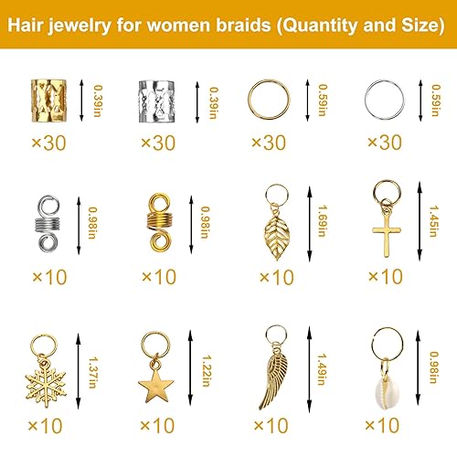 Miniatura 7 de 200 cuentas de cabello para trenzas, joyería Loc para cabello, accesorios de rastas, clips de metal dorado y plateado, espirales, anillos para