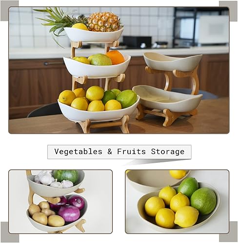 Miniatura 4 de Mangoton Cesta de frutas de 3 niveles para encimera de cocina, frutero de cerámica, cuencos de frutas grandes para almacenamiento de frutas y