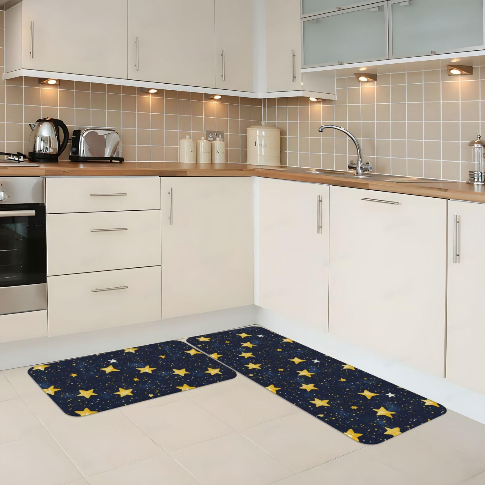 GVYGVY Antifatigue Kitchen Mats for Floor 2 Piece - Stars in The Night Sky Print Kitchen Rugs Washable, Non Slip Runner Rug Standing Mat for Office/Bathroom/Laundry/Home Decor and Accessories
