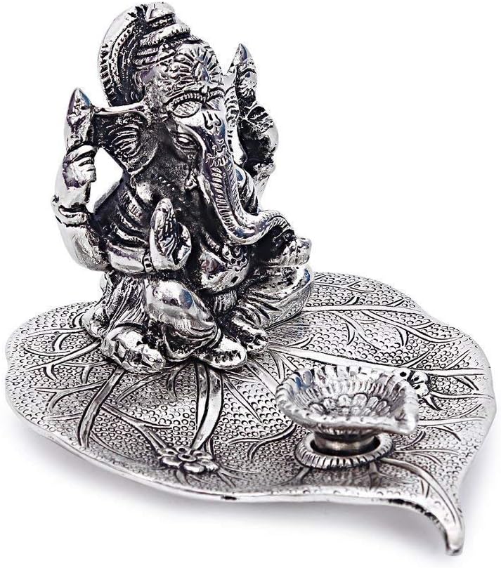 Starvist Silver Plated Leaf Ganesh God Idol Murti with Beautiful Velvet Box Packing for Diwali Gift Items and Wedding Gift Items