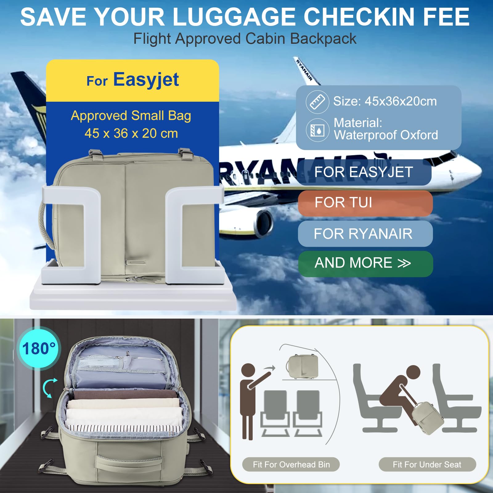 SZLX Zaino Ryanair 40x30x20 Sottovuoto con Pompa Zaino da Viaggio 40x30x20 Wizzair Bagaglio a Mano 40x20x25 Ryanair Donna Borse da Cabina per Easyjet 45x36x20 Uomo Zaino Laptop 14 Pollici Valigia