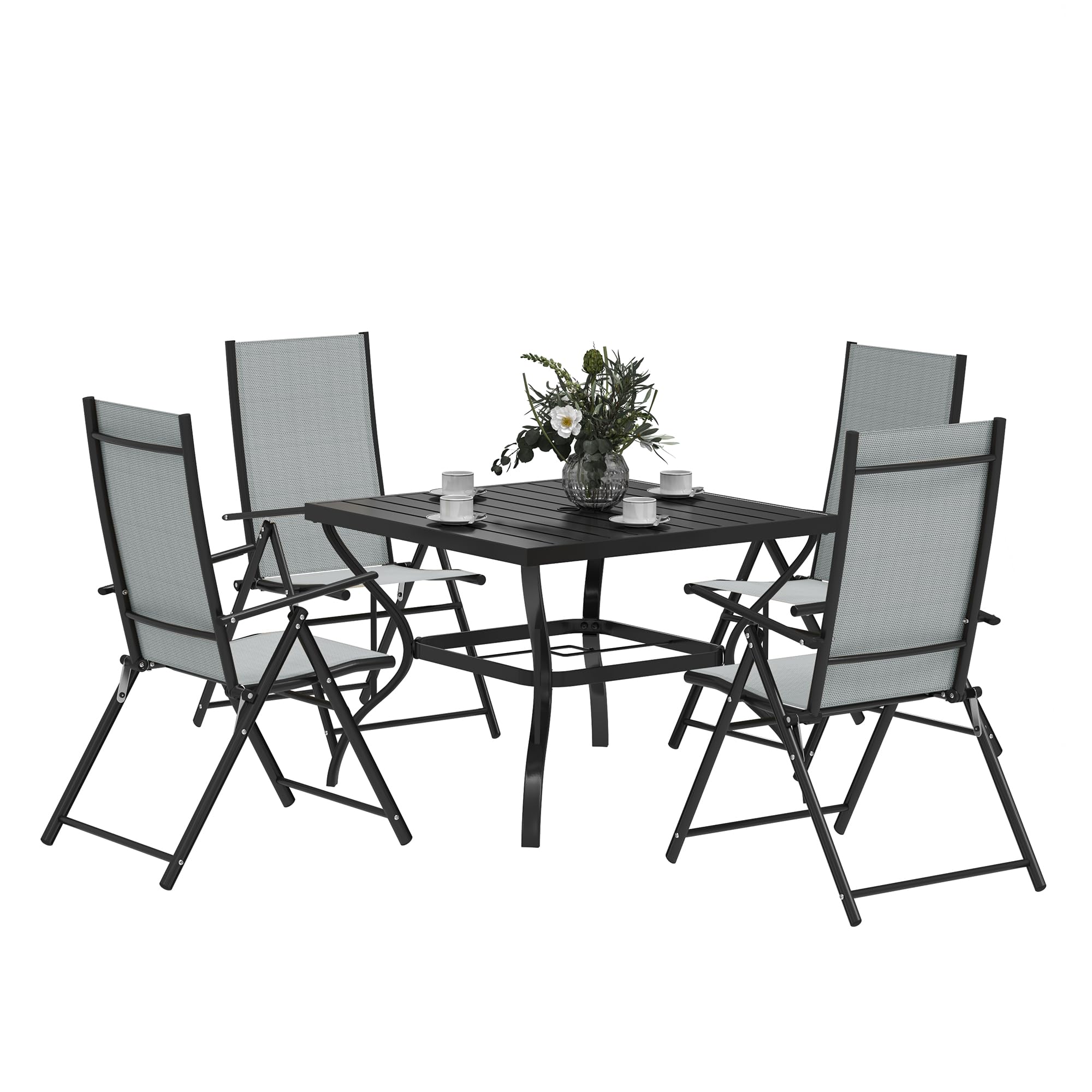 Outsunny Grey 5 Pieces Garden Dining Set With 4 Folding Chairs And Metal Top Table