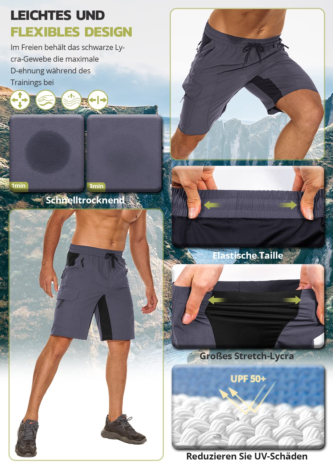 Hiauspor Pantaloncini cargo da trekking da uomo ad asciugatura rapida, leggeri ibridi con tasche con cerniera per pesca, golf, campeggio tattico