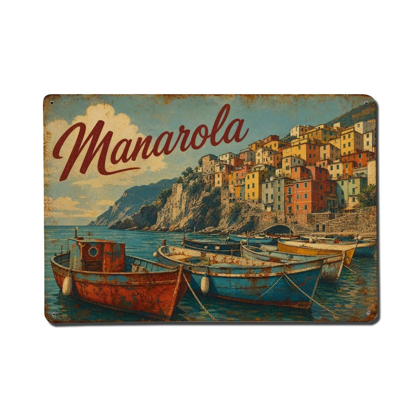 Vintage Travel Manarola Colorful Harbor Boats Moored Italy Metal Tin Sign