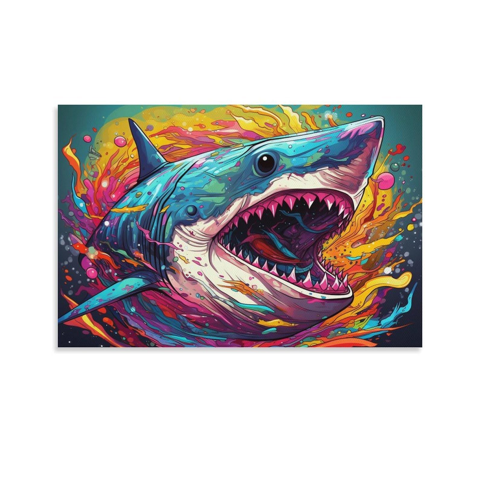 CPLVKWRQJ Bright Magical Colorful 1 Piece Vibrant Shark Portrait Painting Canvas Wall Decor - Bedroom Canvas Painting Easy to Clean Space Transformer Art 24x36inch(60x90cm)