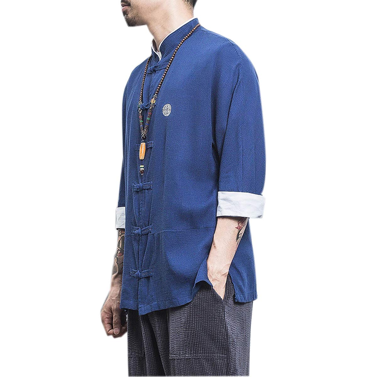 PRIJOUHE - Cardigan kimono uomo, stile giapponese, cotone e lino, a sette maniche, leggero