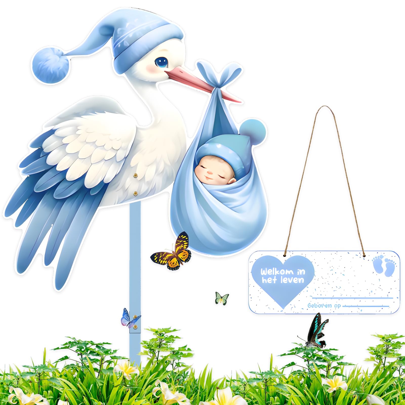 Kazaigou Storch Geburt für Draussen, Willkommen Zuhause Baby Storch, Willkommen Baby Wilkommensdeko Zuhause Baby, Storch Baby Holz Willkommen Baby Deko für Draussen & Drinnen(Blau)